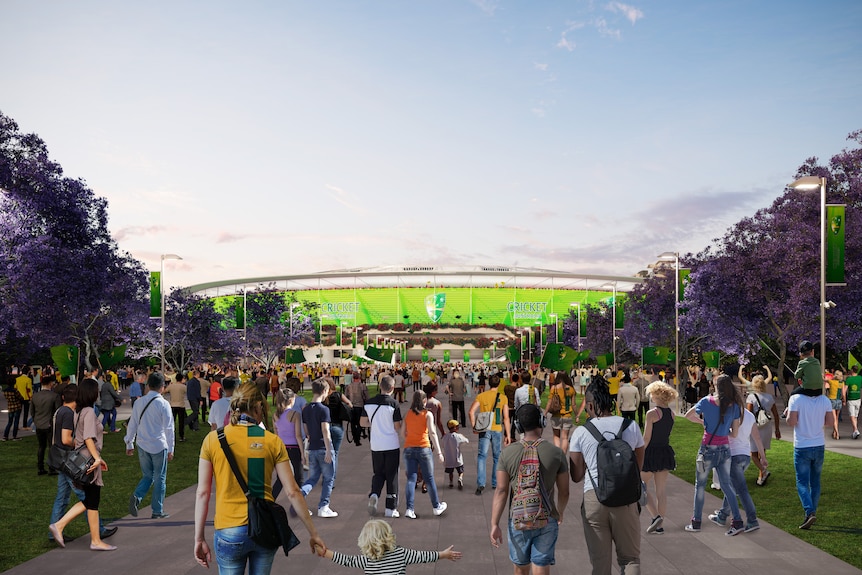 The Gabba redevelopment north-eastern view ahead of the 2023 Brisbane Olympic Games, stadium in background fans in foreground