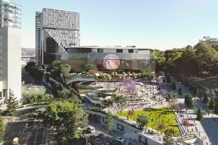 Brisbane Live&nbsp;exterior daytime graphic with arena in the middle and fans walking nearby