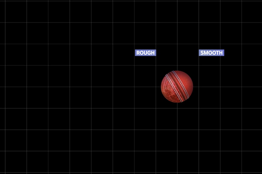 A cricket ball animation with the left half scratched up and the seam angled left.