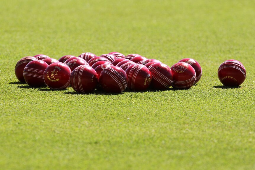 About a dozen Australian Kookaburra branded balls on green grass