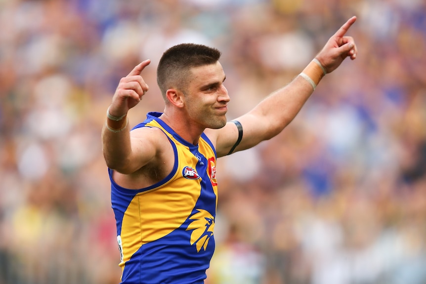 Elliot Yeo celebrates a goal against Richmond