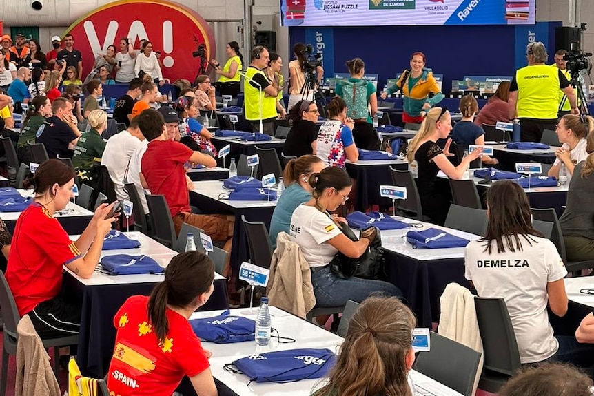 Room of competitors waiting for competition to commence