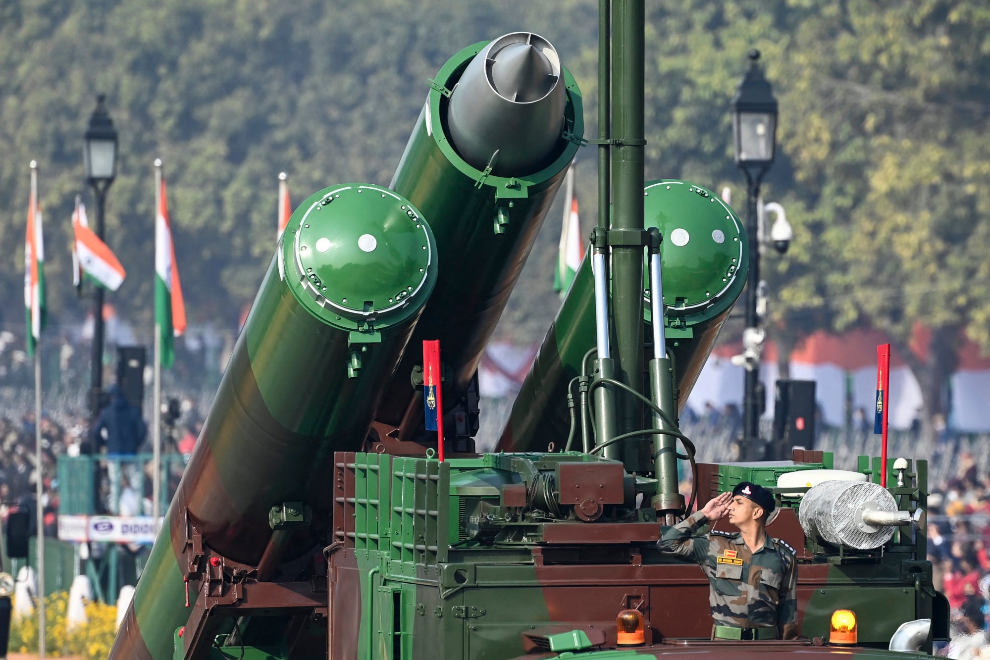 An Indian soldier salutes from a Brahmos weapons system during a Republic Day parade in New Delhi in 2021. Photo: AFP