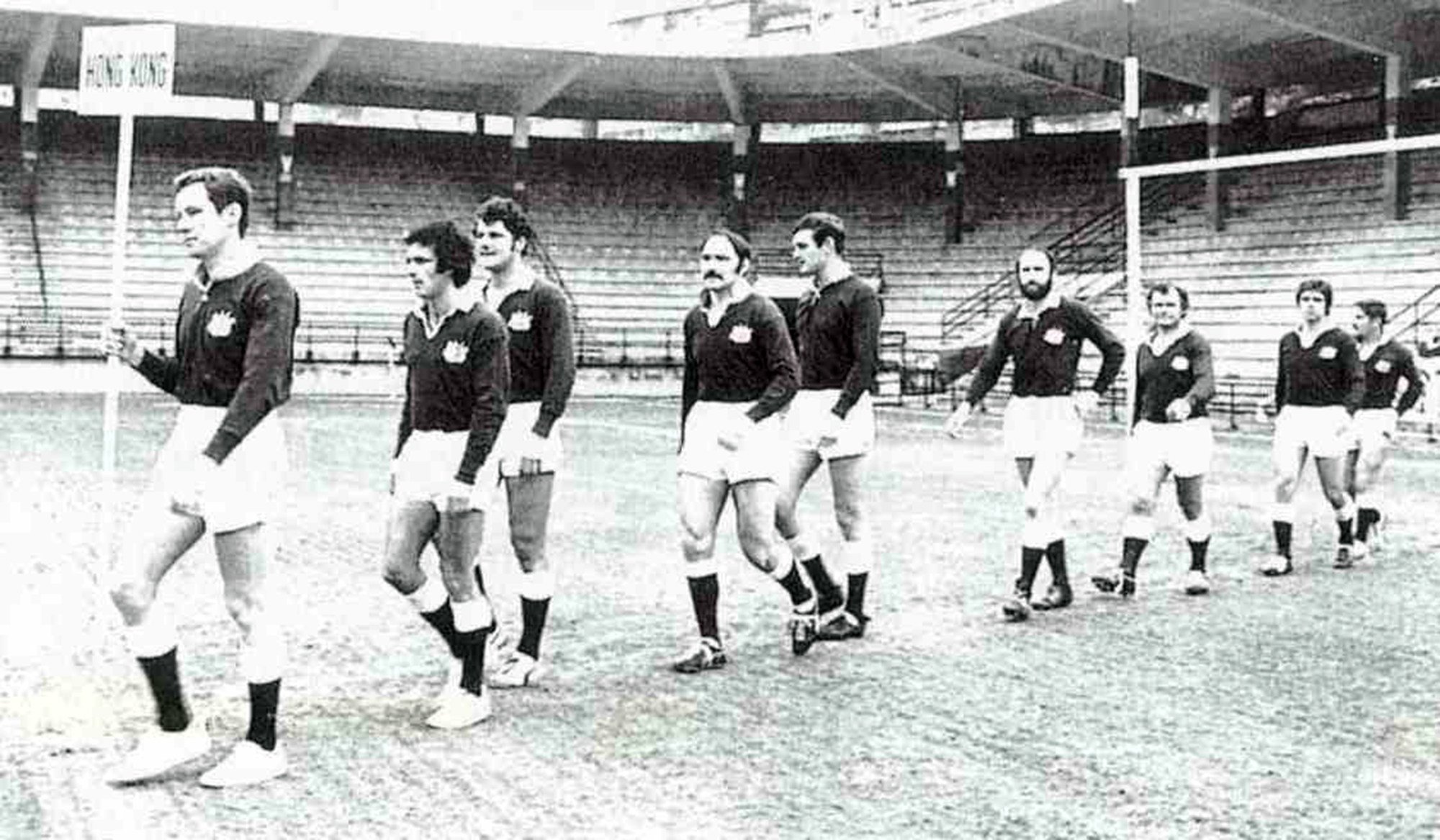 Hong Kong players head out to the pitch at the first Sevens in 1976. Photo: HKRFU