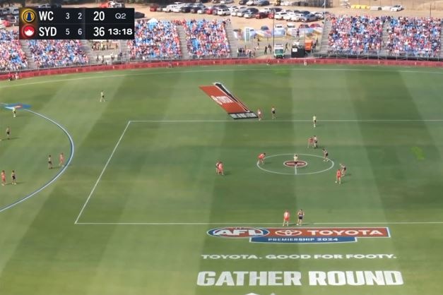 A TV image from overhead looking down on the centre square ahead of a bounce between West Coast and Sydney.