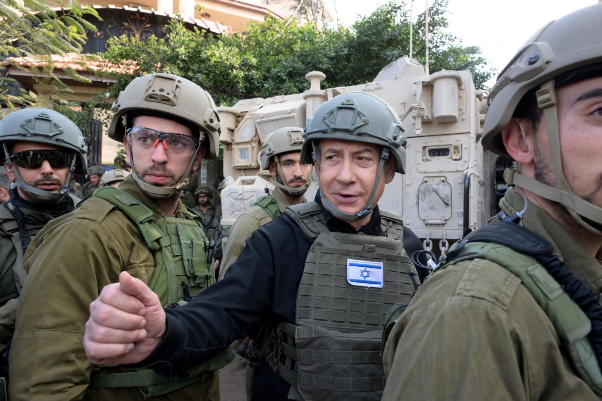 Israeli Prime Minister Benjamin Netanyahu with troops in the northern Gaza Strip in December. File photo: Avi Ohayon/GPO via Xinhua