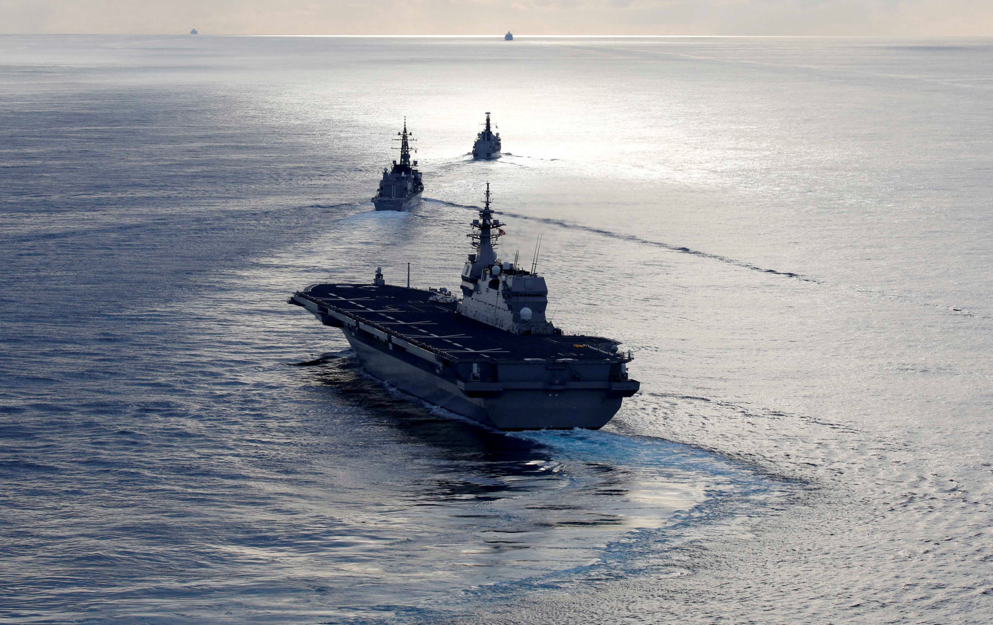The Kaga (front) is seen with Japanese destroyer Inazuma and British frigate HMS Argyll during a joint naval drill in the Indian Ocean in 2018. Photo: Reuters