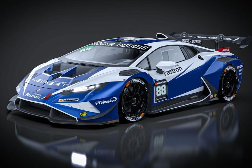 A blue and white GT Lamborghini car against a dark background.