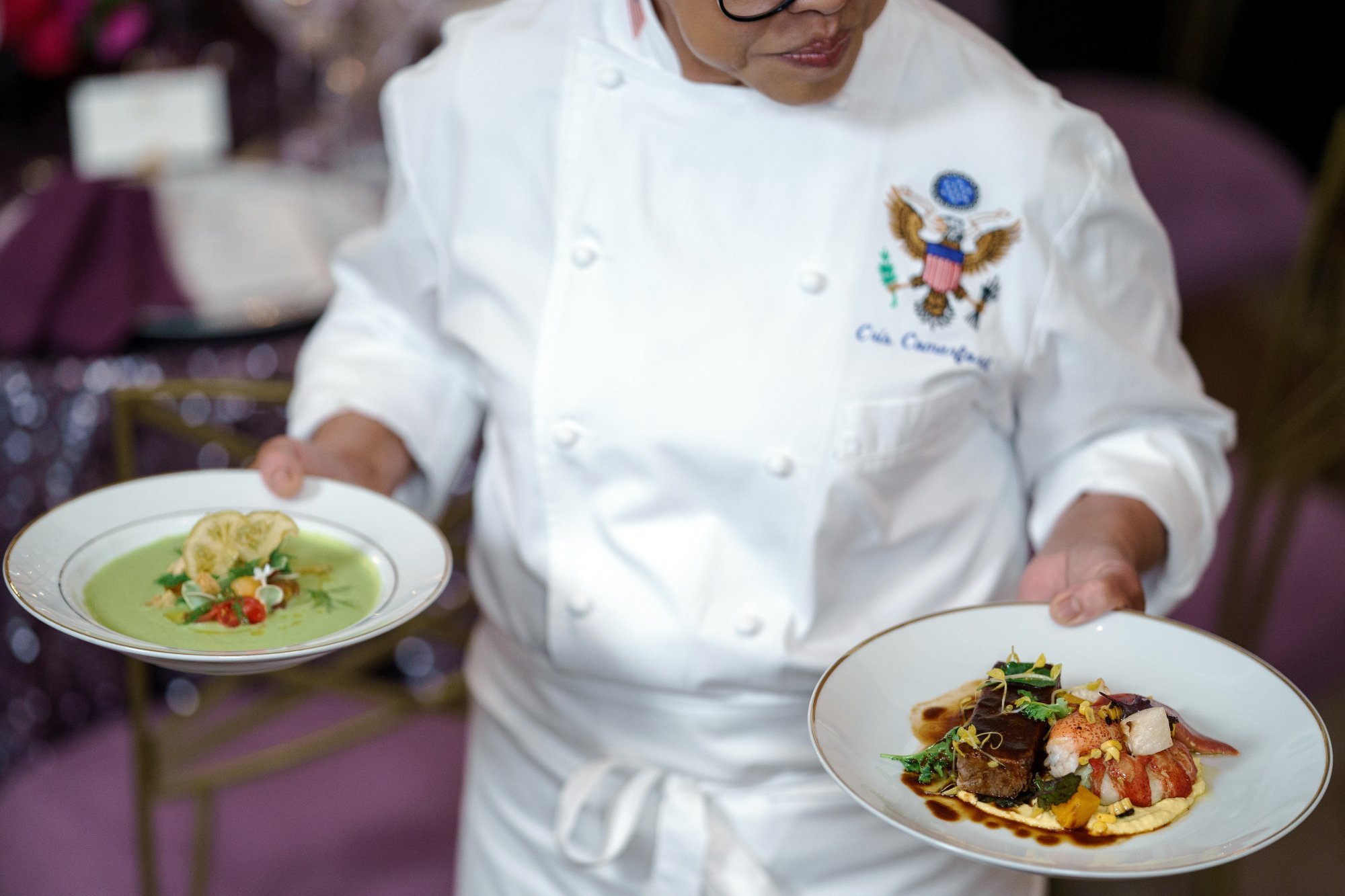 A media preview showing dishes for the state dinner. Photo: EPA-EFE