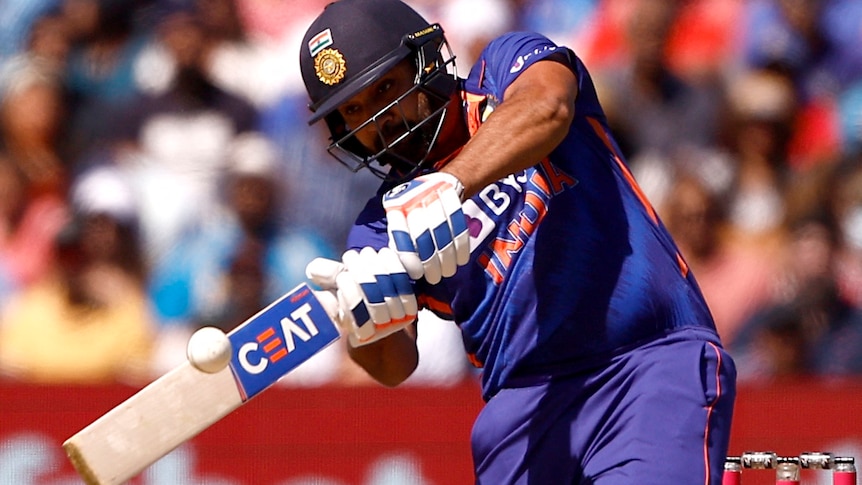 India male cricketer Rohit Sharma hitting a ball to the leg side against England.