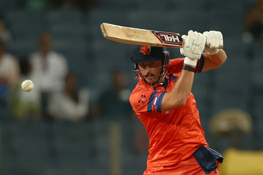 Netherlands cricketer Wesley Barresi playing a cover drive in a World Cup match