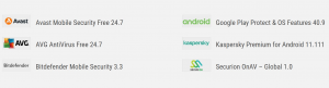 List of names and logos of the six tested anti-virus products for Android in the Mobile Security Review 2024