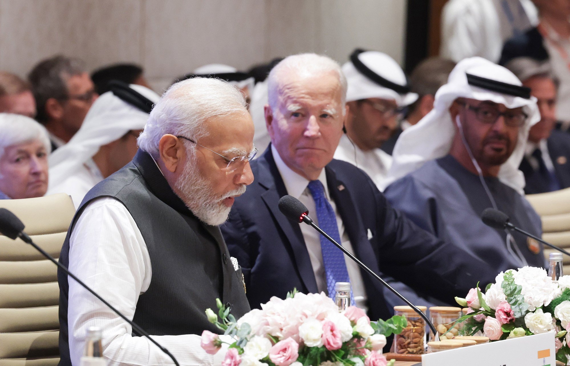 US President Joe Biden listens as Indian Prime Minster Narendra Modi announced the India-Europe-Middle East Corridor during the G20 Summit in September last year. Photo: Indian Press Information Bureau/Handout via EPA-EFE