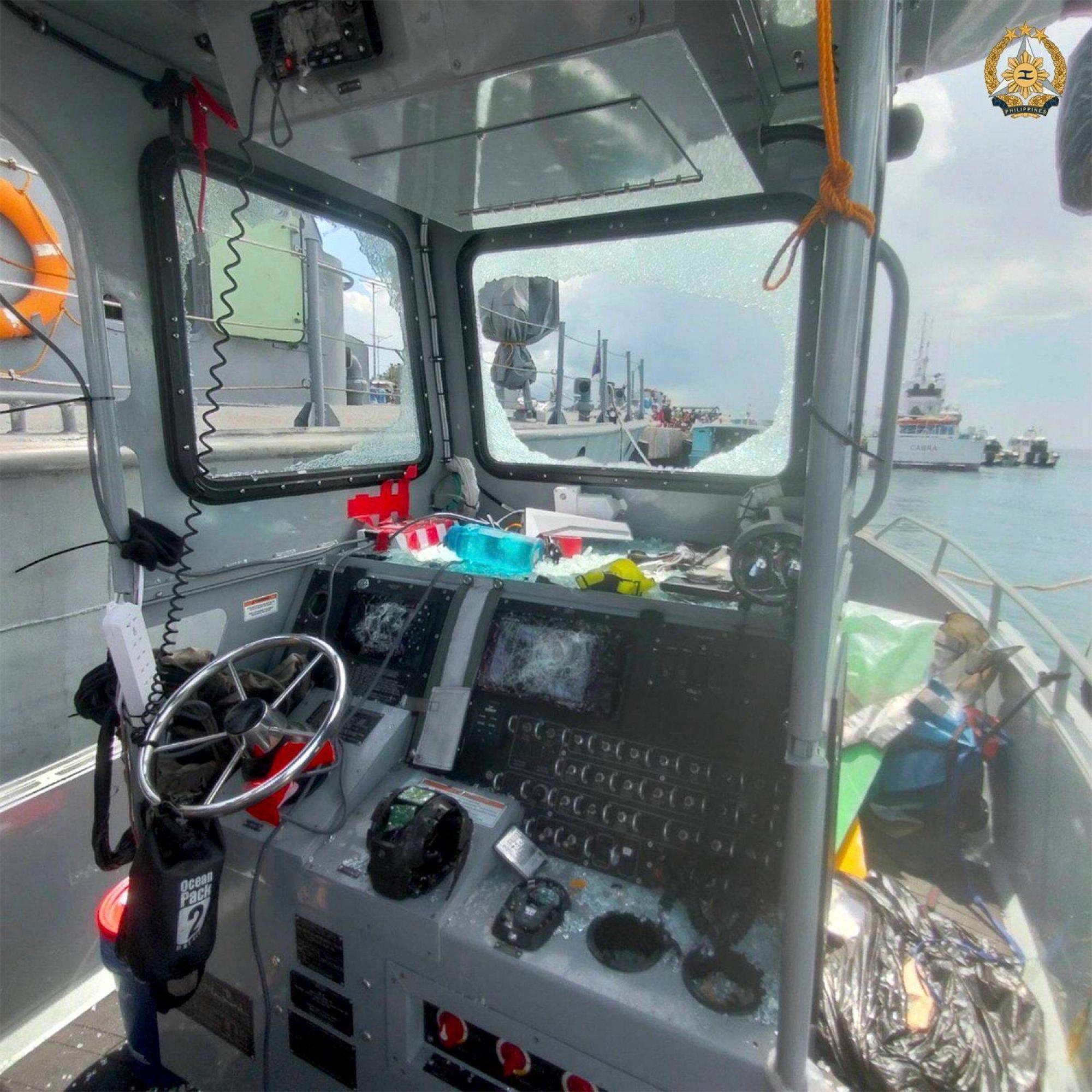 The windscreen, communications and navigational equipment of a Philippine rigid hull inflatable boat allegedly destroyed by the Chinese coastguard during a Philippine resupply mission to the Second Thomas Shoal (Ayungin Shoal) in the South China Sea on Monday. Photo: EPA-EFE/Armed Forces of the Philippines