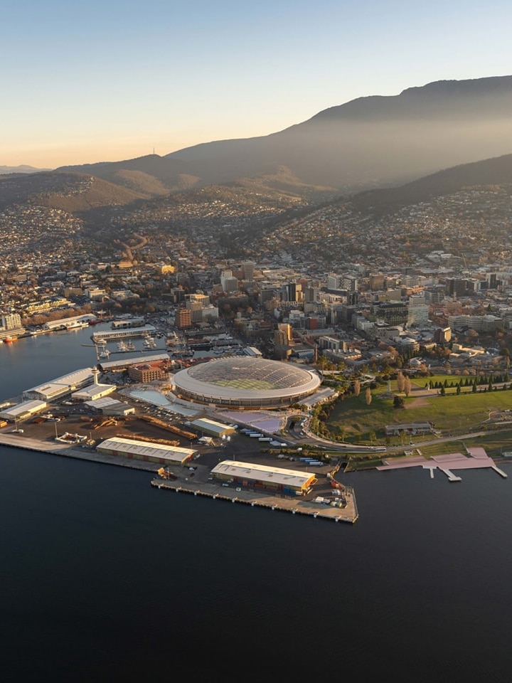 Aerail view, Macquarie Point stadium concept, released July 2024.