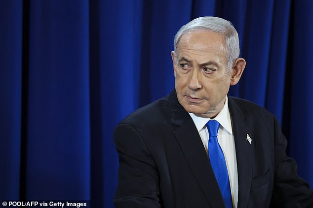 In Israel Mr Lammy will hold talks with Prime Minister Benjamin Netanyahu (pictured) and President Isaac Herzog to reiterate the need to end the conflict in Gaza and secure the release of hostages
