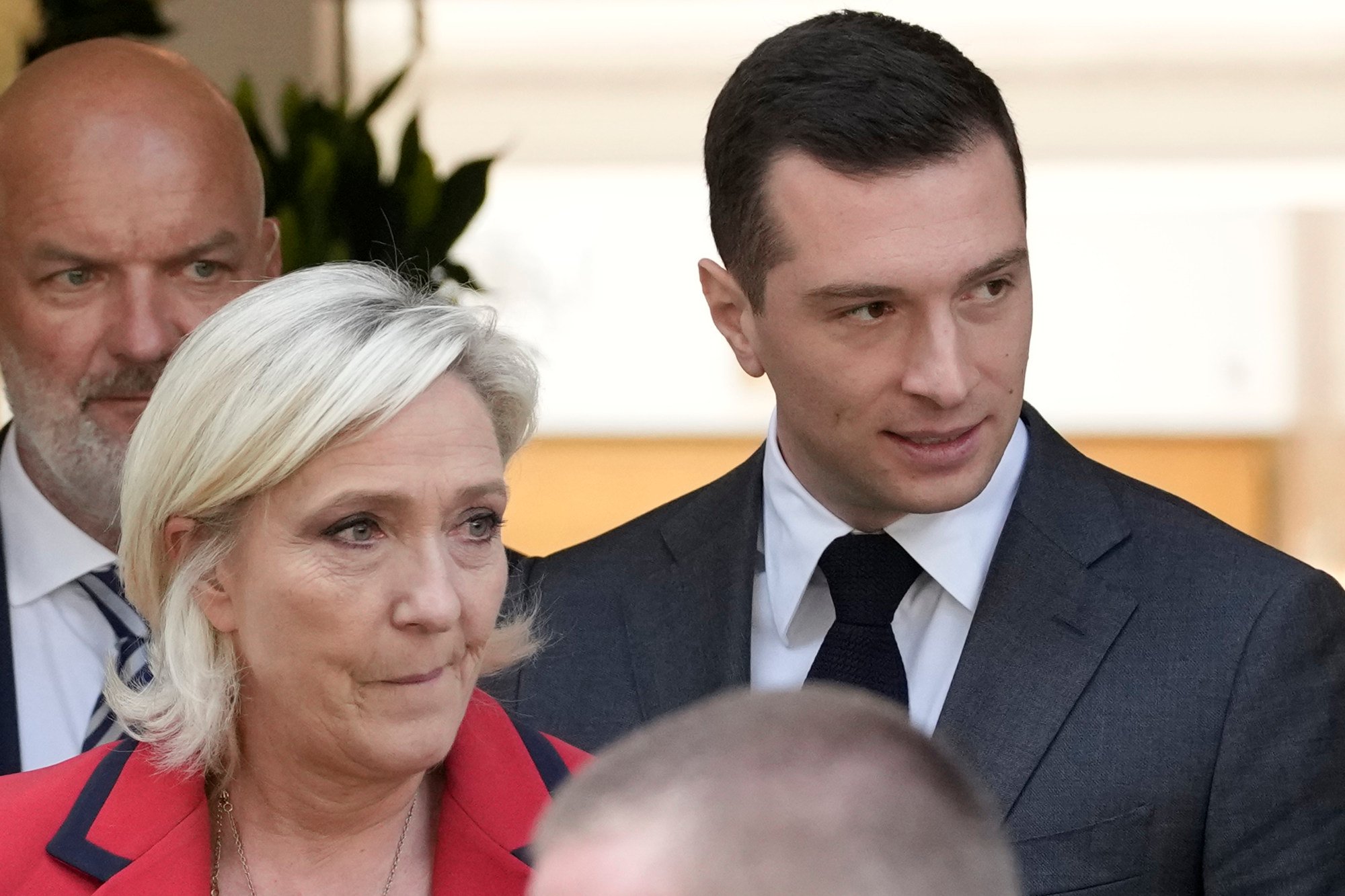 Far-right National Rally party president Jordan Bardella (right) with far-right leader Marine Le Pen in June in Paris. Photo: AP