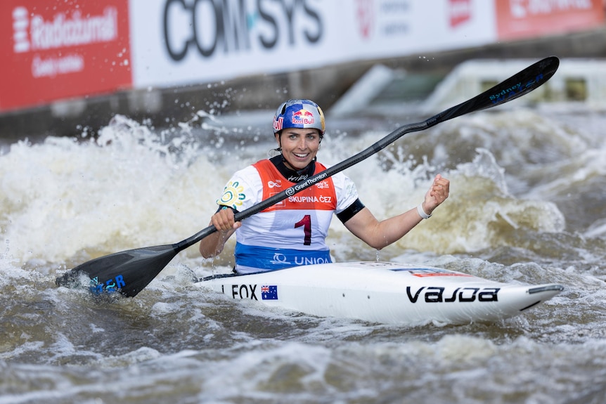 Jess Fox rides a kayak during the World Cup in Prague