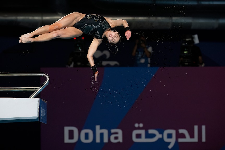 Melissa Wu is horizontal after diving off the platform.