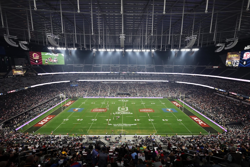 A wide shot of the crowd at Allegiant Stadium for the NRL season openers in Las Vegas.