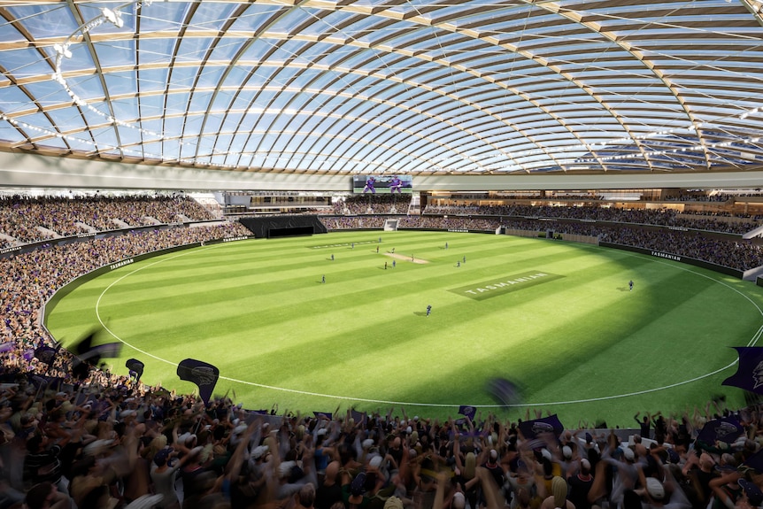 Concept art showing interior of sports stadium with cricket match underway.