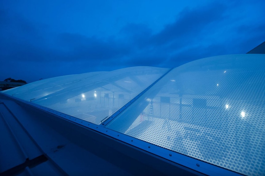 Night time exterior view of skylight using ETFE technology.