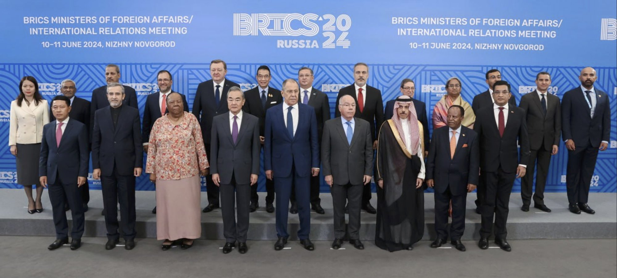 Delegation heads pose for a picture during the Brics foreign ministers meeting in Russia, on June 11. It was the first meeting of the foreign ministers after the expansion of Bric in 2023. Photo: EPA-EFE