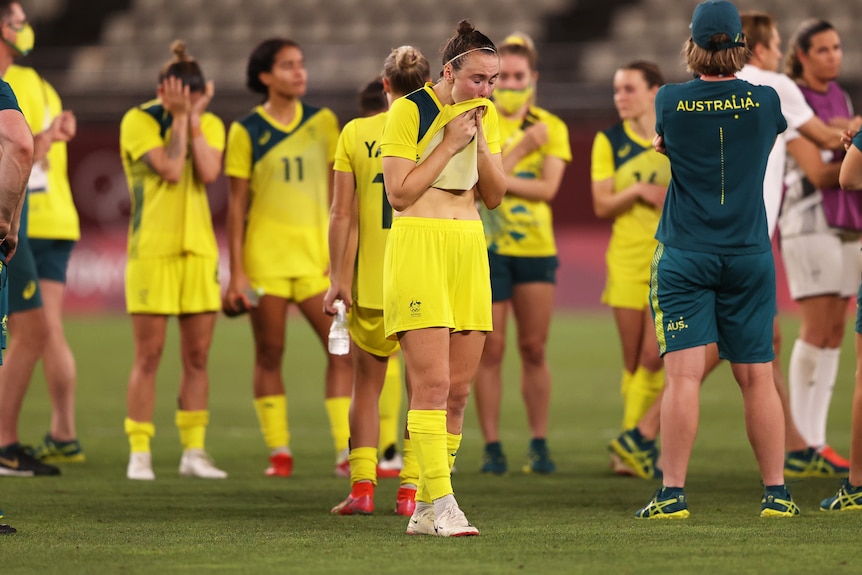 Caitlin Foord reacts after a loss to Team USA at the Tokyo Olympics.