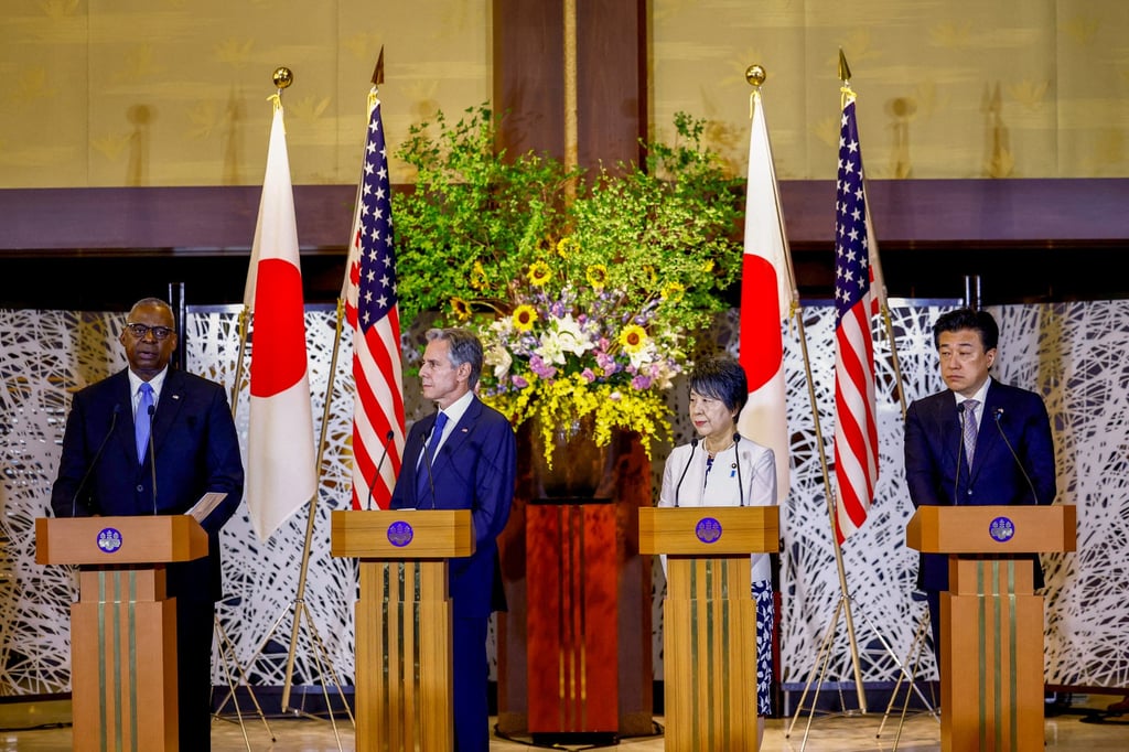 From left to right, US Defence Secretary Lloyd Austin, US Secretary of State Antony Blinken, Japanese Foreign Minister Yoko Kamikawa, and Japanese Defence Minister Minoru Kihara attend a joint press conference at Iikura Guest House in Tokyo on Sunday. Photo: Reuters