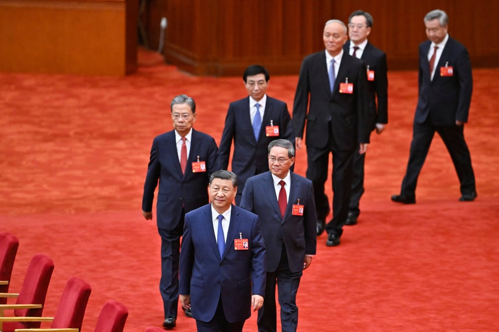 Members of the Politburo Standing Committee attend the third plenary session of the Chinese Communist Party’s Central Committee in July, led by China’s President Xi Jinping, followed by Li Qiang, Zhao Leji, Wang Huning, Cai Qi, Ding Xuexiang and Li Xi. Photo: AP