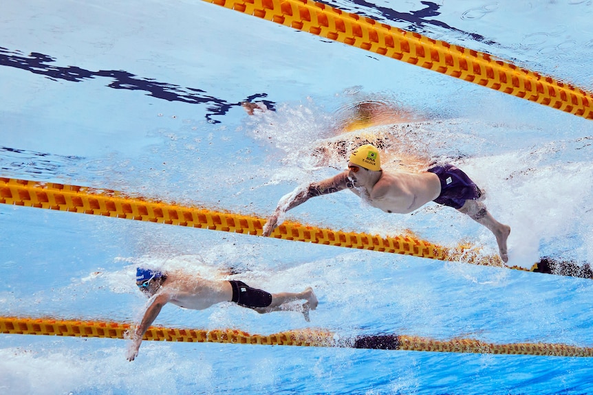 Two para-swimmers swim as shown from under the water