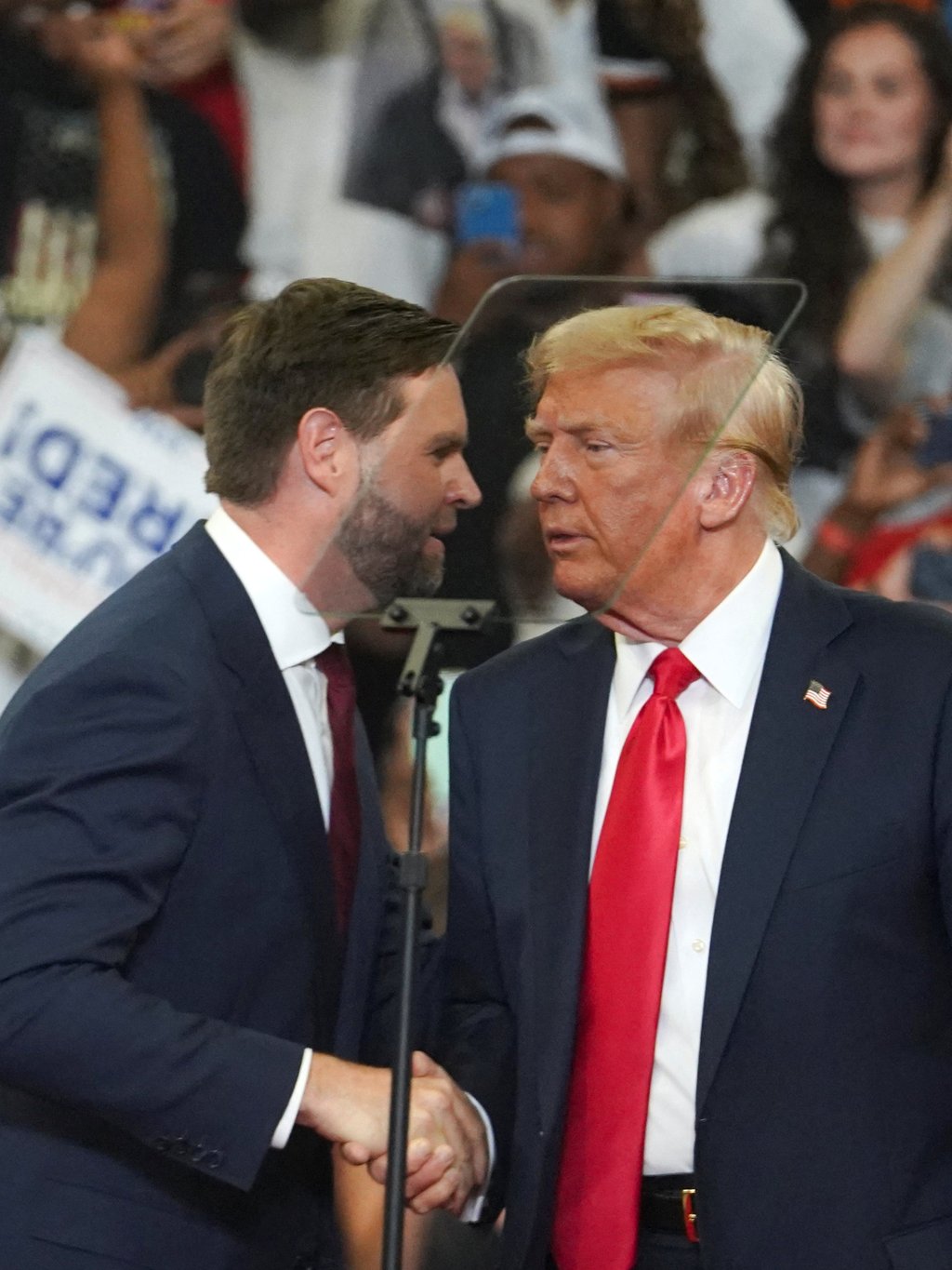 Former US president Donald Trump, the Republican presidential nominee, and his vice-presidential running mate Senator J.D. Vance of Ohio at a campaign rally in Atlanta, Georgia, on Saturday. Photo: Reuters