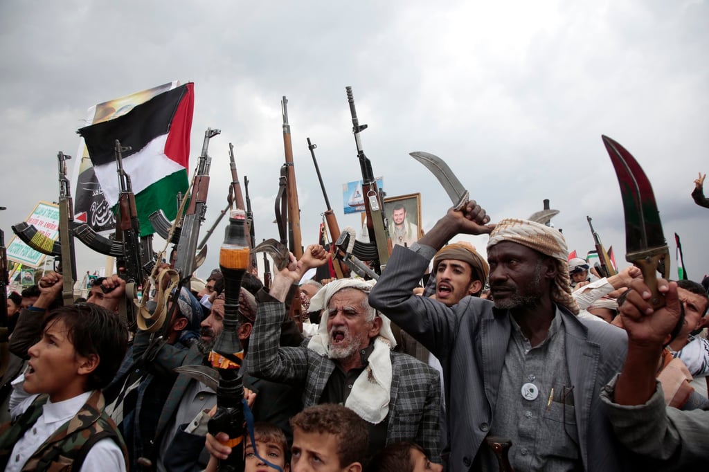 Houthi supporters shout slogans during a protest following the death of Hamas and Hezbollah leaders in Sana’a, Yemen, on Friday. The Houthi movement has controlled large swathes of Yemen since the Arab Spring in 2011 and is viewed as an important ally to Iran in their proxy war with Saudi Arabia. Photo: EPA-EFE