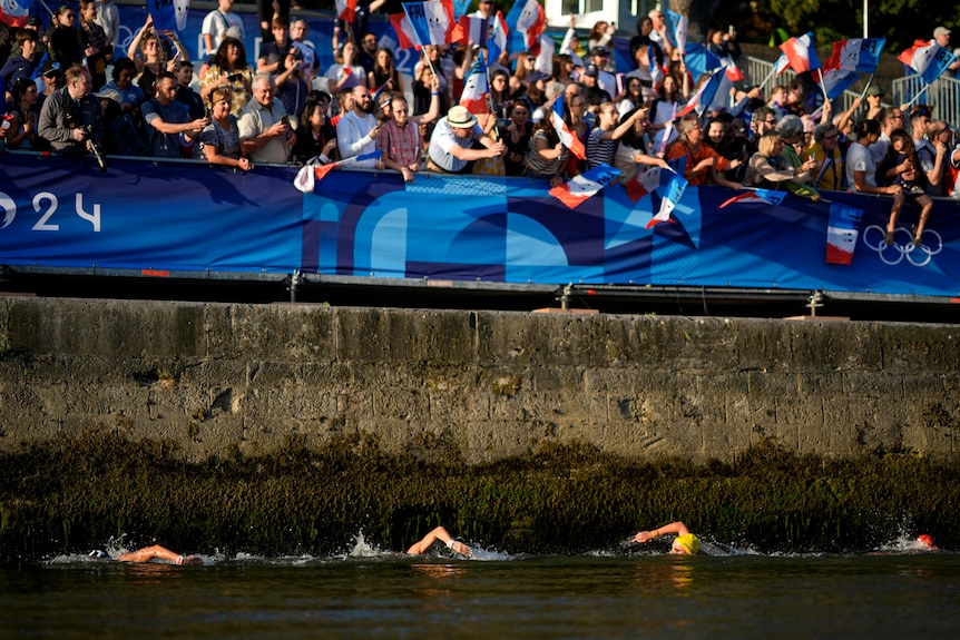 Supporters cheer swimmers from the bank