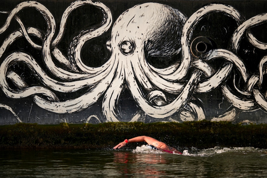 Sharon Van Rouwendaal swims past an octopus painting