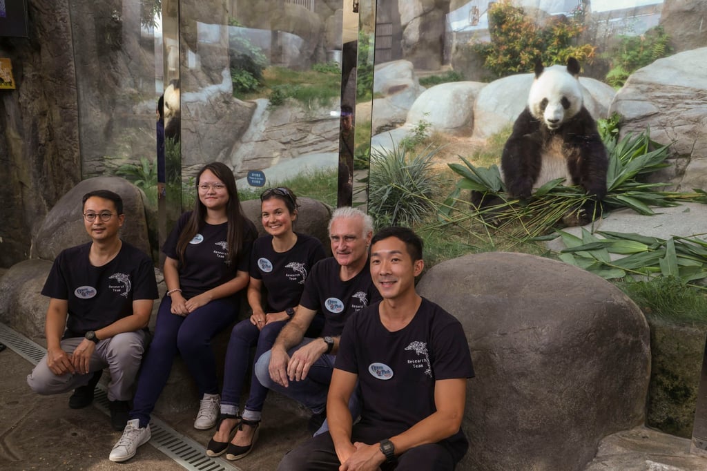 Eszter Matrai (third from left), Ocean Park’s senior research fellow, poses for pictures with the research team and Le Le in the background. Photo: Dickson Lee