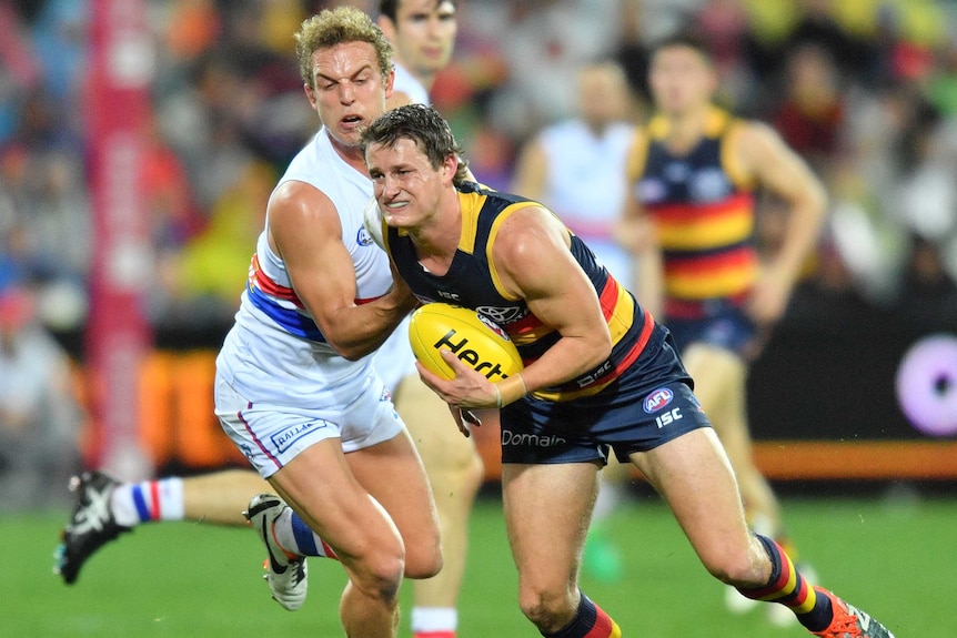 Adelaide's Matt Crouch and Mitch Wallis of the Bulldogs in action