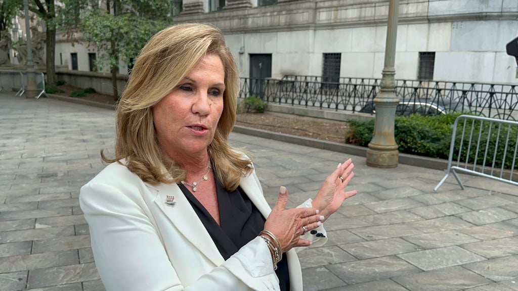 Terry Strada, national chair of 9/11 Families United, speaks outside Manhattan federal court on July 31, 2024, shortly after plea deals were announced for three men charged in the September 11 attacks. Photo: AP