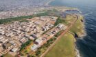 A design image of BP Aberdeen Hydrogen Energy Limited's production hub (bottom left) and the planned solar farm on the former Ness landfill site (top right). Image: BP