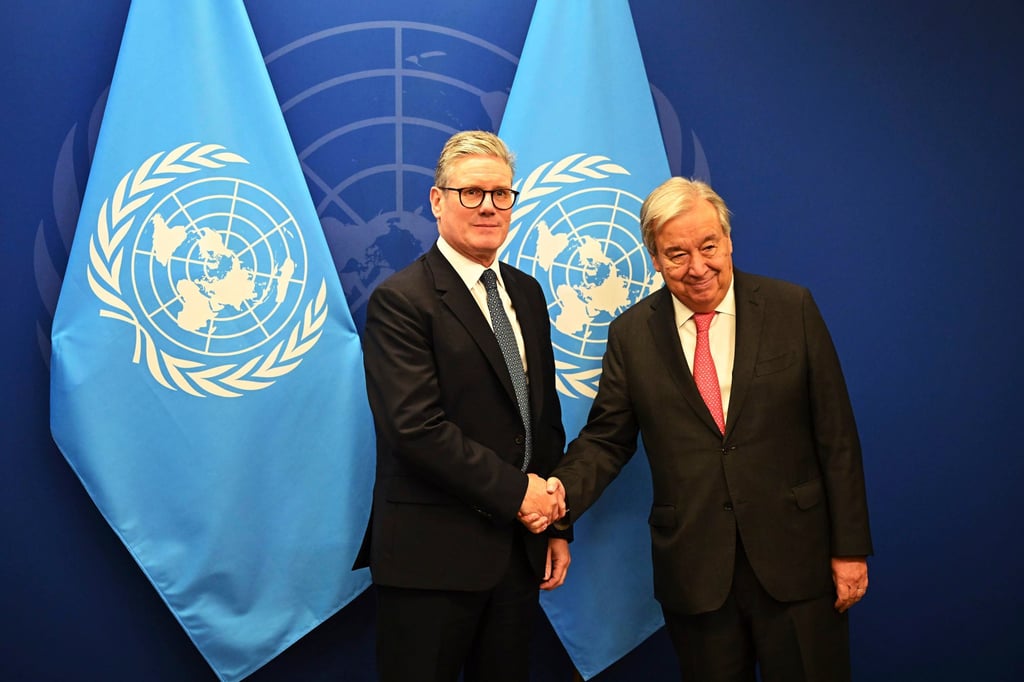 British Prime Minister Keir Starmer, left, shakes hands with United Nations Secretary General Antonio Guterres at the UN headquarters in New York on Thursday. Photo: Getty Images British Prime Minister Keir Starmer, left, shakes hands with United Nations Secretary General Antonio Guterres at the UN headquarters in New York on Thursday. Photo: Getty Images