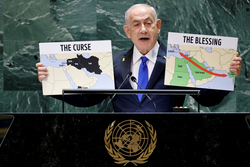 Israel’s Prime Minister Benjamin Netanyahu addresses the United Nations General Assembly at UN headquarters in New York on Friday. Photo: Reuters