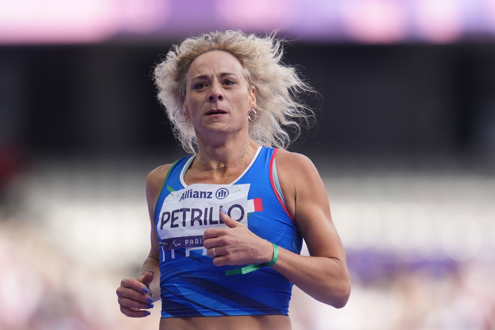 Italian runner, transgender athlete Victoria Petrillo, running during a race. 