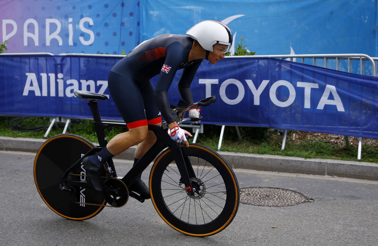 British Para cyclist Sarah Storey rides her bike during a race.