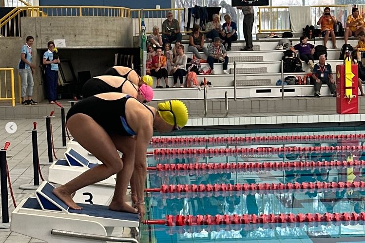 Swimmers are poised to dive off the starting blocks, into the pool.