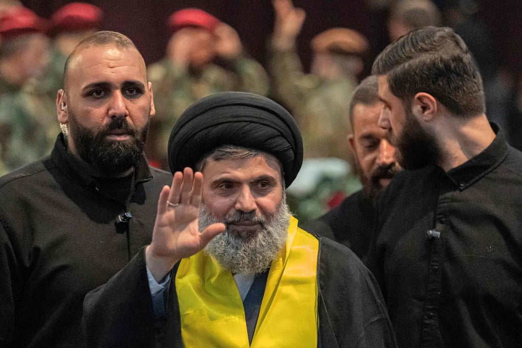 Senior Hezbollah official Hashem Safieddine, centre, in Beirut on August 1. Photo: AFP