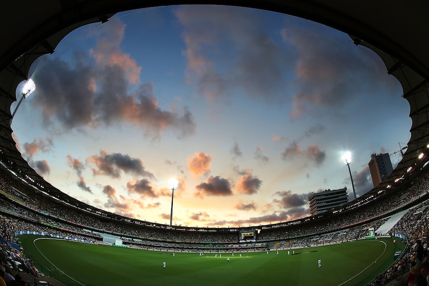 The Gabba at sunset in a Test match