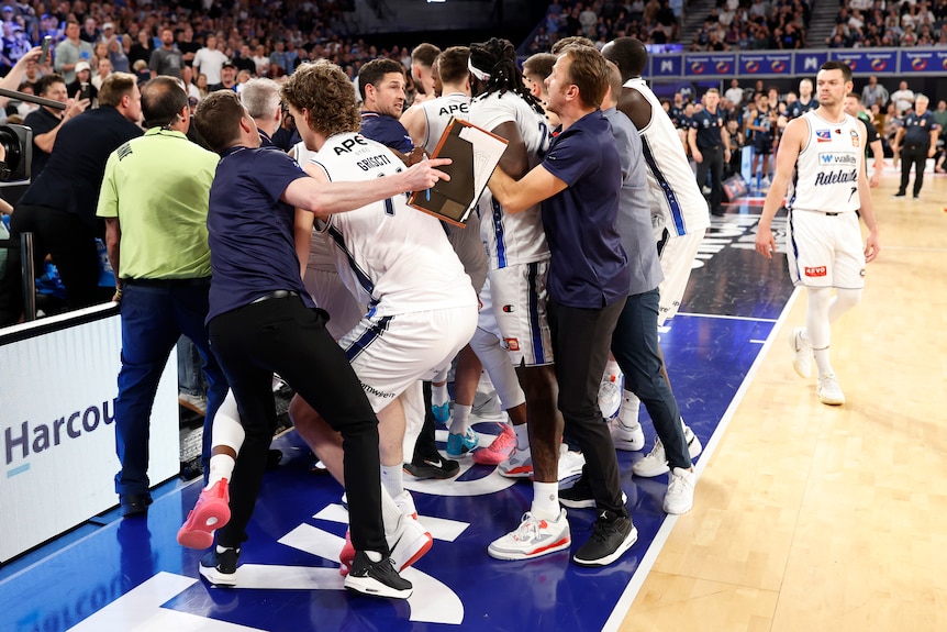 A fight breaks out on the bench