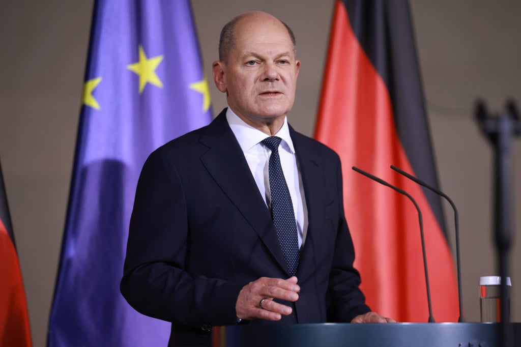 German Chancellor Olaf Scholz addresses the media in Berlin on Wednesday. Photo: EPA-EFE