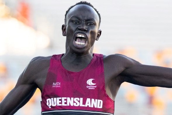 Gout Gout winning the Australian under 18 200 metres title.