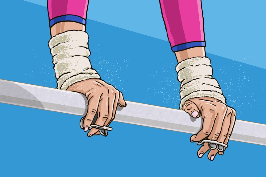 An illustration of a gymnast's hands as they swing around a bar. 